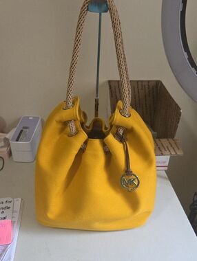 Michael Kors Marina Canvas Tote Yellow Rope-Handle Drawstring Hobo Bag